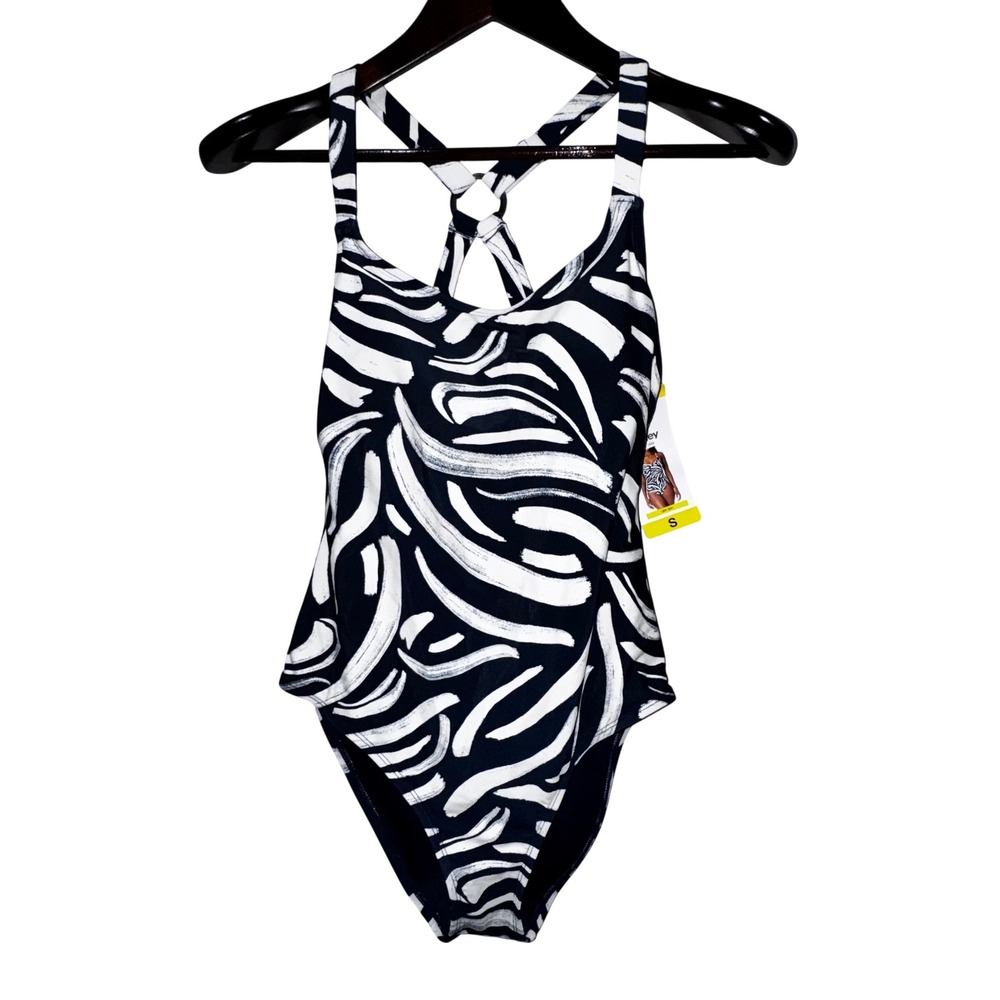 Hurley NWT One Piece‎ Swimsuit Womens S Blue Zebra Print Strappy Crossback